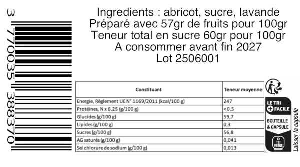Composition de la confiture artisanale abricot lavande
