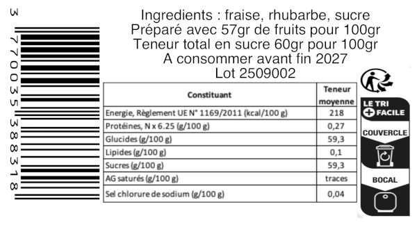 Composition de la confiture artisanale fraise rhubarbe