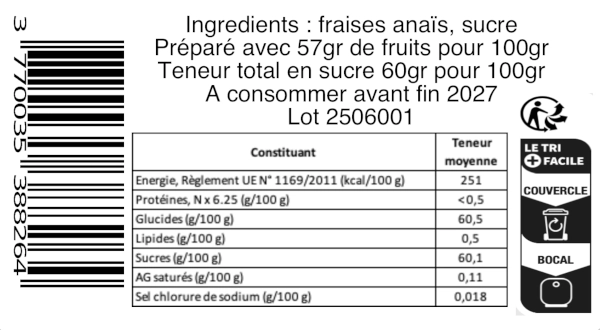 Composition de la confiture artisanale fraise Anaïs
