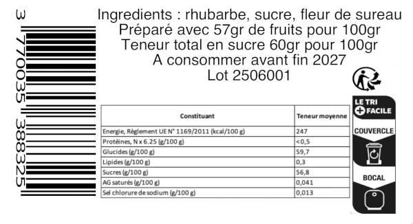 Composition de la confiture artisanale rhubarbe et fleur de sureau
