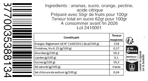 Composition de la confiture artisanale ananas orange