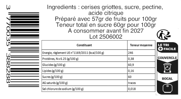 Composition de la confiture artisanale cerise griotte