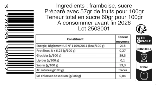 Composition de la confiture artisanale framboise