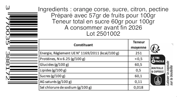 Composition de la confiture artisanale orange corse