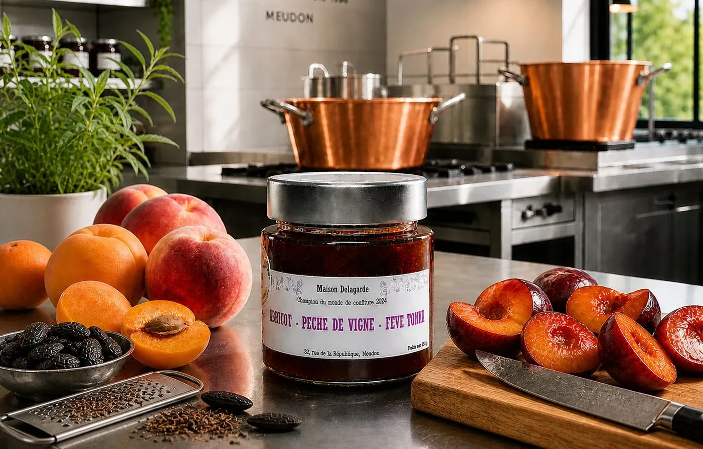 Créateur de confitures artisanales : Confiture Championne du monde 2024 : Abricot, pêche de vigne, feve tonka & verveine